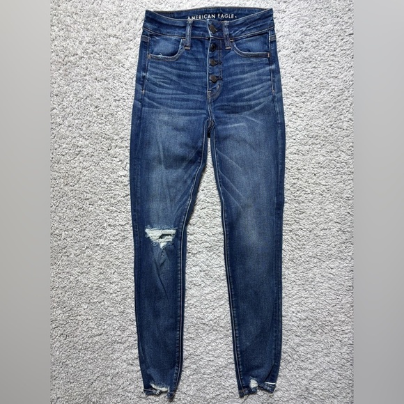 American Eagle Jeans Womens 0 Hi Jegging Crop Stretch Dark Exposed Button Fly - Picture 1 of 6